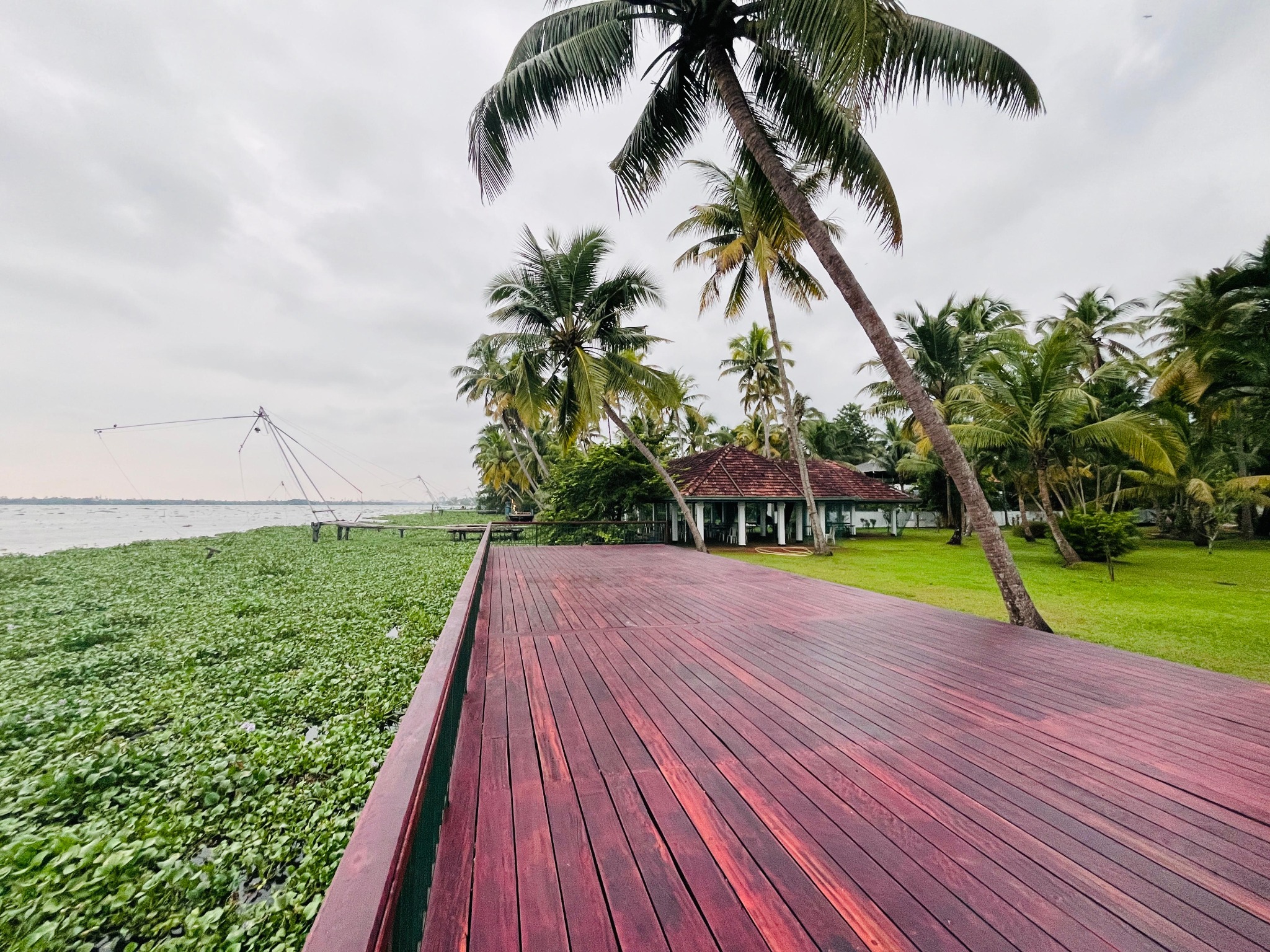 Waterfront deck, coconut palms and a tiled pavilion beside Chinese fishing nets in Kumbalangi