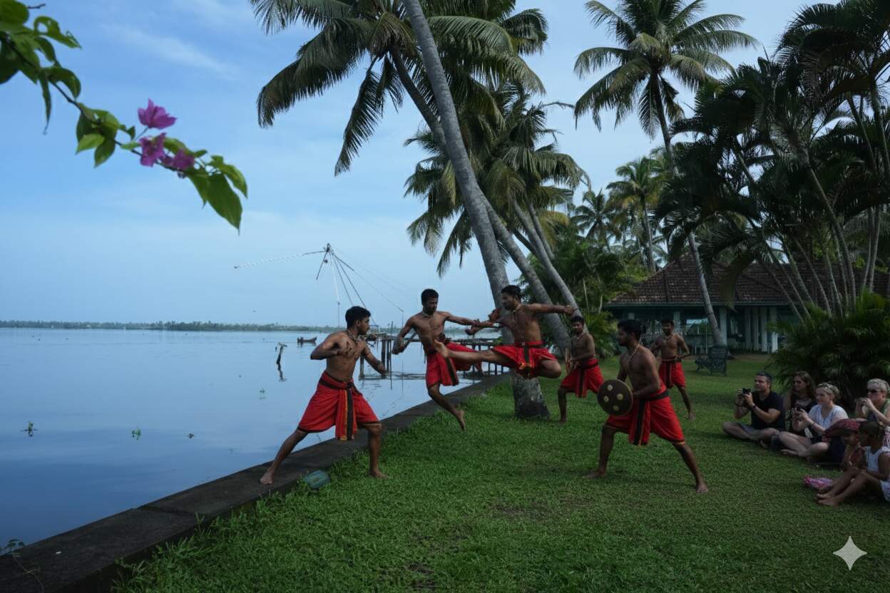 Kalarippayattu martial artists performing by the backwaters