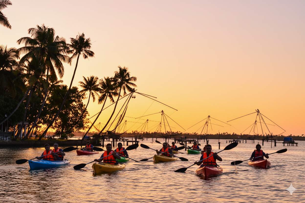 Kayaking through the Kumbalangi backwaters at sunset, Chinese fishing nets in the distance