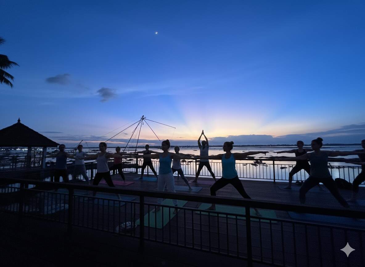 Guests practising yoga on a jetty at sunset over the backwaters